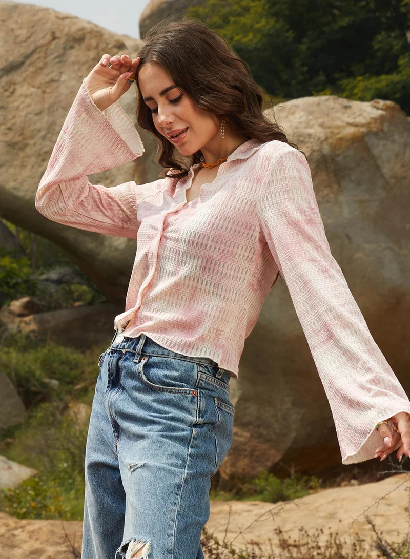 Campus Sutra Women's Baby Pink Textured-Knitted Top