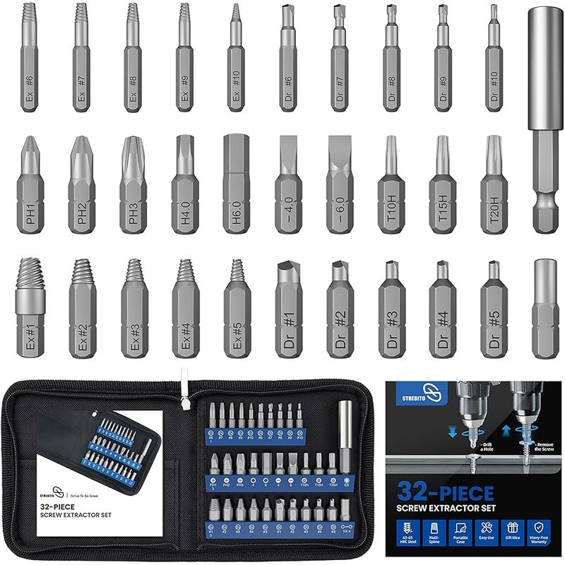 STREBITO Damaged Screw Extractor Set, 32PCS Stripped Screw Extractor with Magnetic Extension Shaft & Socket Adapter, Stripped Screws Nuts & Bolts Drill Bit Tools for Easy Removal of Rusty Broken Screw - Image 1