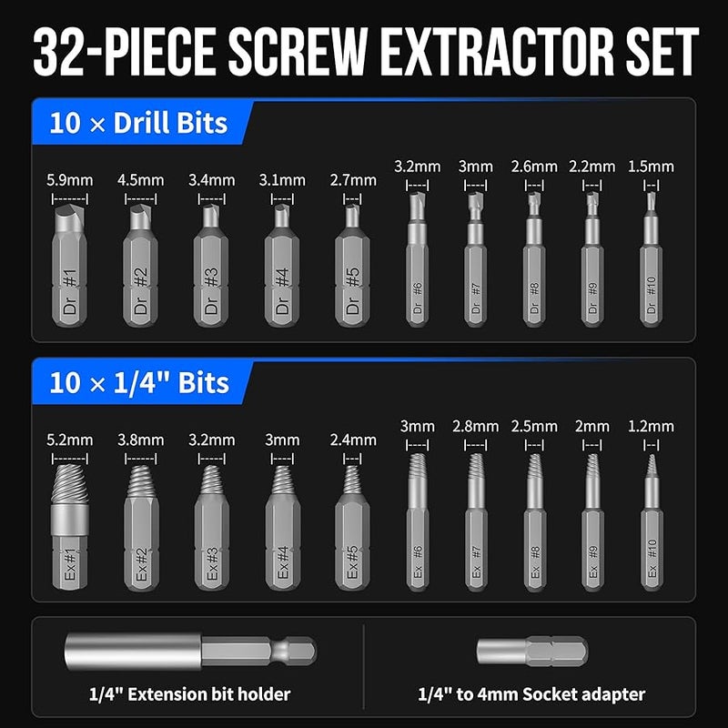 STREBITO Damaged Screw Extractor Set, 32PCS Stripped Screw Extractor with Magnetic Extension Shaft & Socket Adapter, Stripped Screws Nuts & Bolts Drill Bit Tools for Easy Removal of Rusty Broken Screw - Image 4