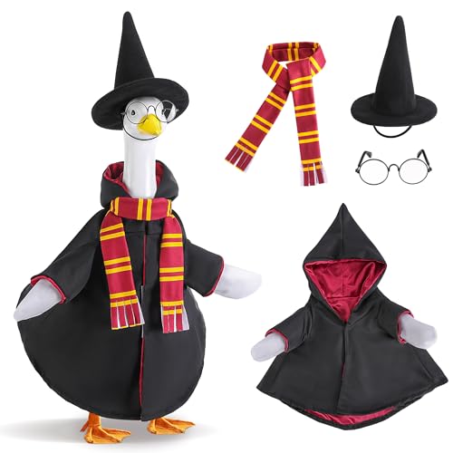 Watayo 4 PcsSet Christmas Wizard Goose Outfits Lawn Porch Goose Statue Wizard Costume Garden Goose Witch Clothes with Hat Scarf Glasses for 23 Statue Christmas Fall Outdoor Patio Yard Decor - Image 1