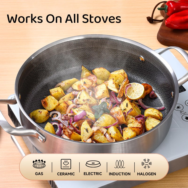 LOLYKITCH 7 QT Tri-Ply Stainless Steel Non Stick SautÃ© Pan with Lid,12 Inch Deep Frying Pan,Large Skillet,Jumbo Cooker,Induction Compatible,Heavy Duty and Oven Safe. - Image 3