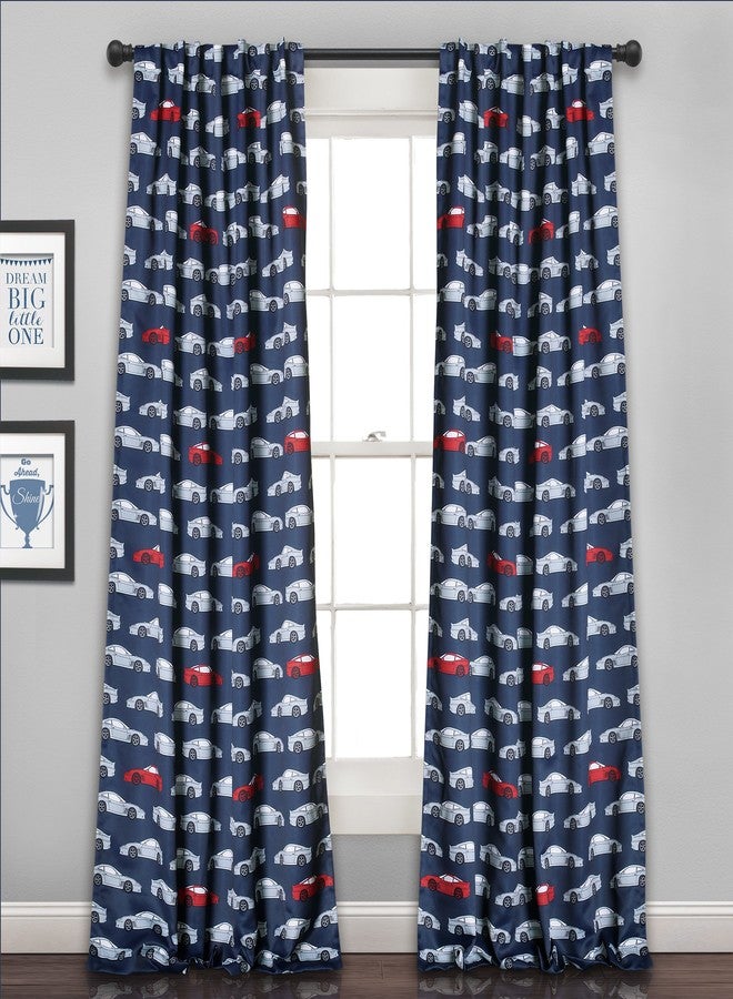 Lush Decor Race Cars Light Filtering Window Curtain Panel Set, 52"W x 84"L, Navy & Red - Image 1