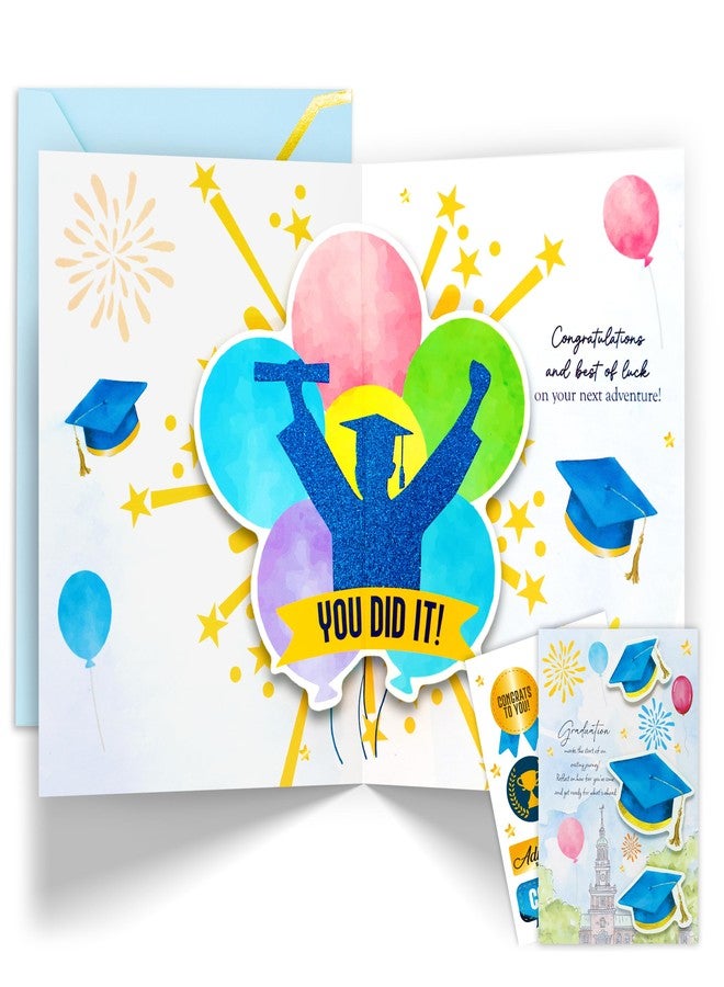 Decorably Pop Up Gold Foiled & Glittery 5x7in Handmade College Graduation Card with Grad Hat Cutouts, Envelope and Stickers for Boy, Girl, Highschool, with Printed Message Inside - Gifting, Mailing - Image 1