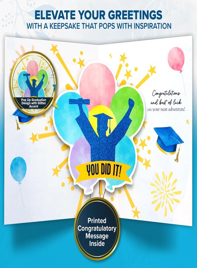 Decorably Pop Up Gold Foiled & Glittery 5x7in Handmade College Graduation Card with Grad Hat Cutouts, Envelope and Stickers for Boy, Girl, Highschool, with Printed Message Inside - Gifting, Mailing - Image 2