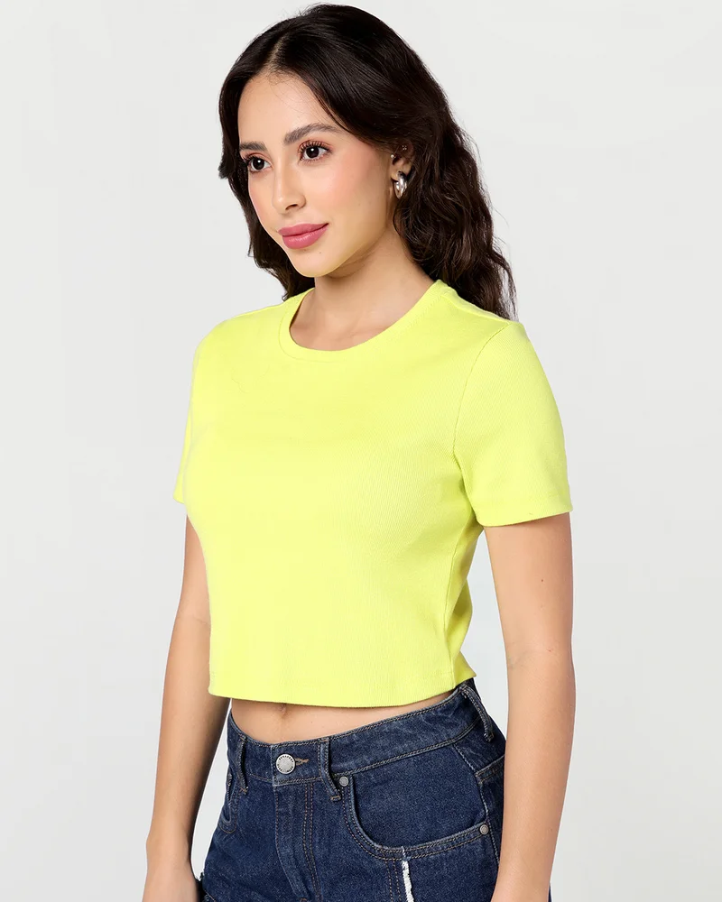 bewakoof Women's Sulphur Spring Yellow Textured Slim Fit Short Top