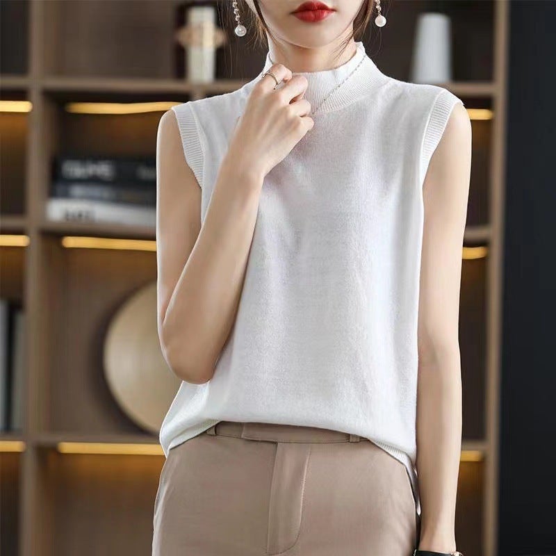 Ice Silk T-Shirt 2024 Spring And Korean Style Sleeveless Bottoming Shirt Half Turtleneck Slim Knitted Inner Vest Top - Image 1
