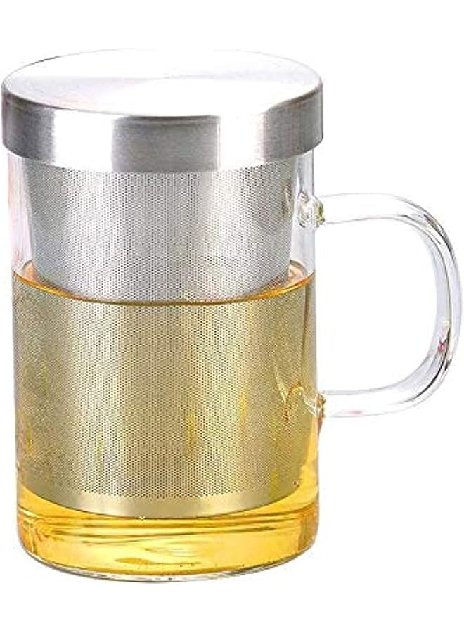 Clear Glass Tea Mug with Stainless Steel lid and Strainer, 450ml