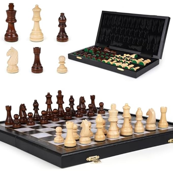 Agirlgle 15Inch Wooden Chess Set  Premium Folding Wooden Chess Board with Carved Chess Pieces Builtin Storage Portable and TravelFriendly Chess Game Sets for Adults and Kids - Image 2