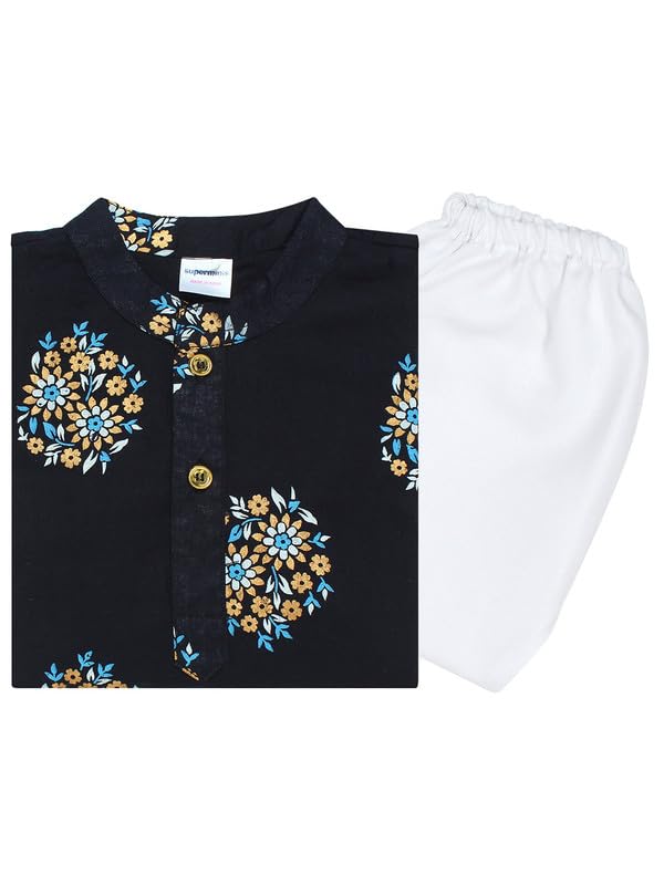 superminis Boys Cotton Kurta Pyjama Set | Gold Foil Printed Ethnic Wear for Kids | Baby Boy Kurta Set with Elastic Pyjama | Festival & Wedding Outfit (Black, 3-4 Years) - Image 1