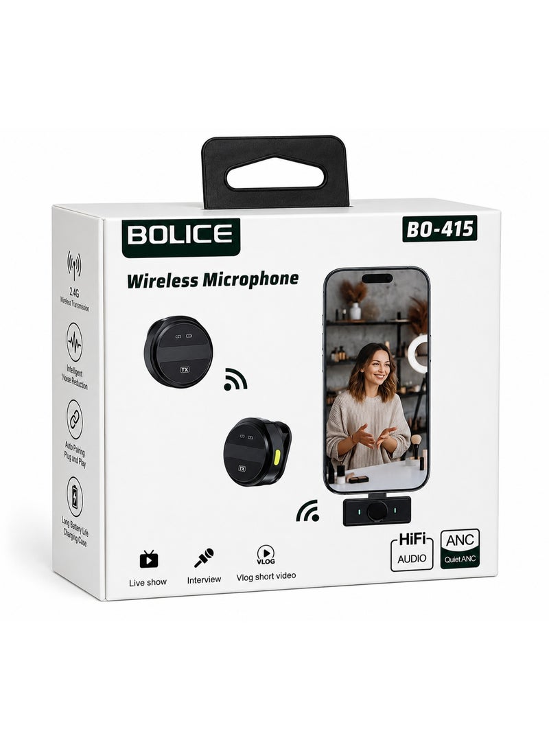 Bolice BO-415 Wireless Microphone – 2.4G Dual Transmitter with Charging Case & Lightning Receiver for iPhone/iPad