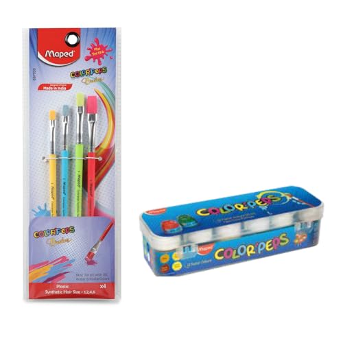 Maped Painting Kit -12 Shades of Poster Colour with 4 Plastic handle Brushes-Flat|Soft & Smooth textured Poster colours|Vibrant & Rich shades makes painting realistic|Soft Movement Bristles|Non-Toxic - Image 1