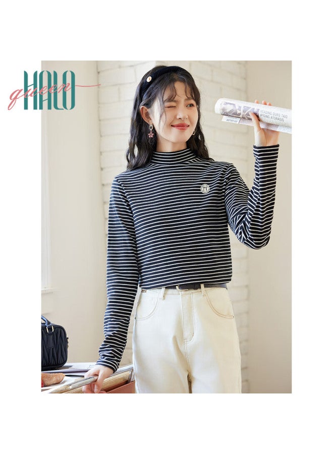 HALOQUEEN Halo Queen Fleece-lined Base Layer T-shirt For Women, Semi-turtleneck Striped Knit Sweater, Warm Casual New Product H144s3001 - Image 4