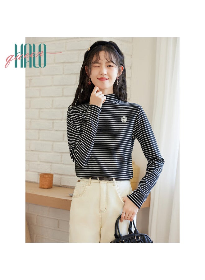 HALOQUEEN Halo Queen Fleece-lined Base Layer T-shirt For Women, Semi-turtleneck Striped Knit Sweater, Warm Casual New Product H144s3001 - Image 5