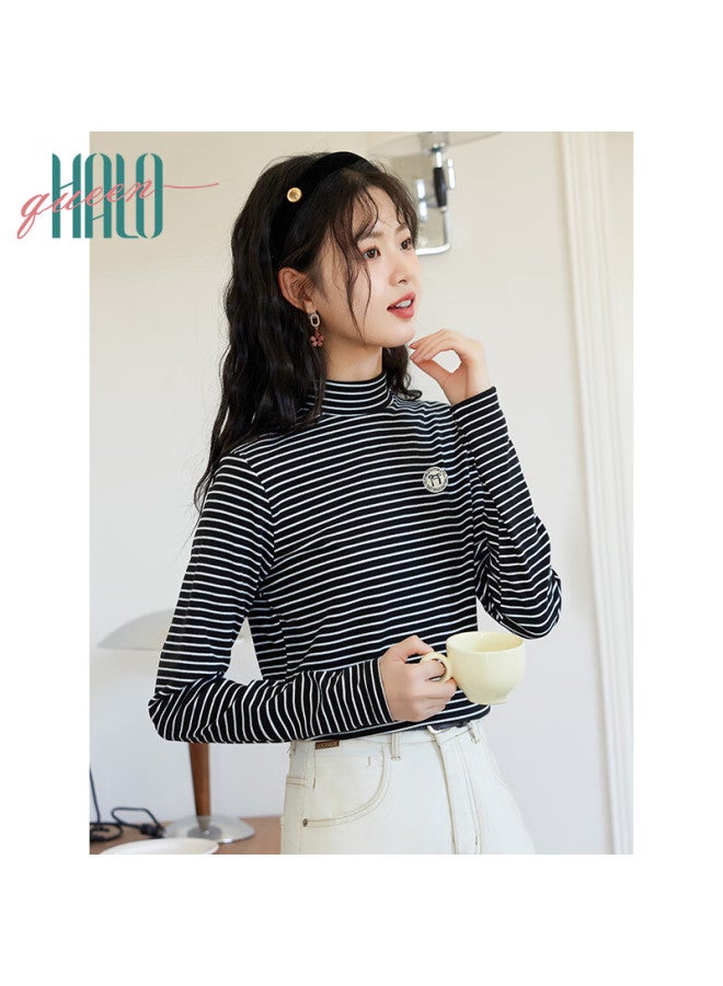 HALOQUEEN Halo Queen Fleece-lined Base Layer T-shirt For Women, Semi-turtleneck Striped Knit Sweater, Warm Casual New Product H144s3001 - Image 2