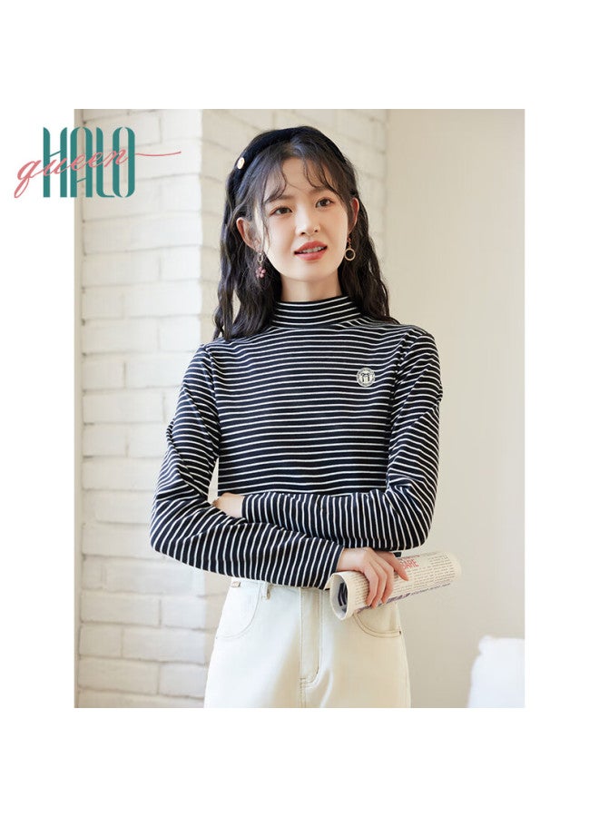 HALOQUEEN Halo Queen Fleece-lined Base Layer T-shirt For Women, Semi-turtleneck Striped Knit Sweater, Warm Casual New Product H144s3001 - Image 3