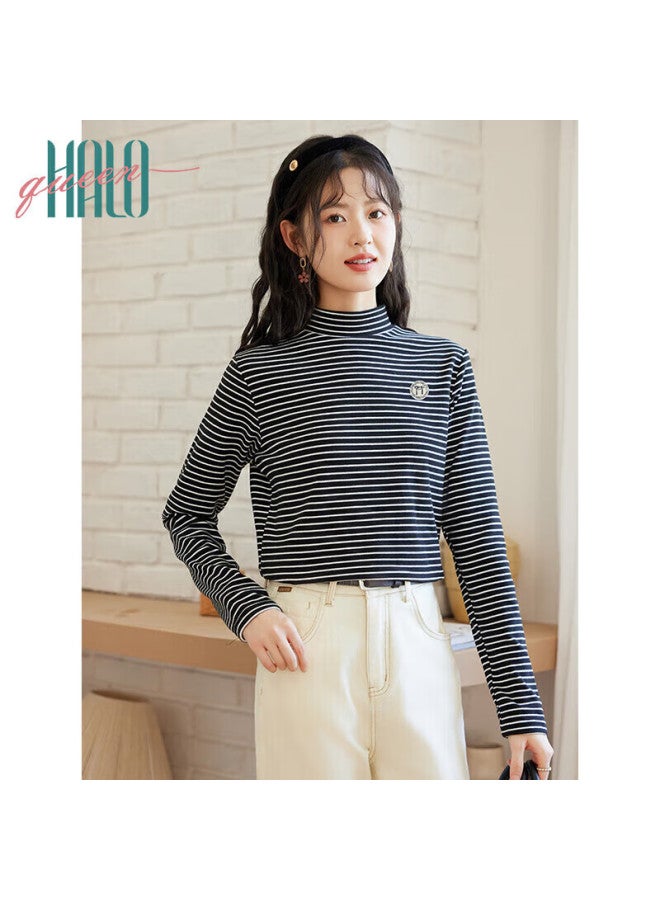 HALOQUEEN Halo Queen Fleece-lined Base Layer T-shirt For Women, Semi-turtleneck Striped Knit Sweater, Warm Casual New Product H144s3001 - Image 1