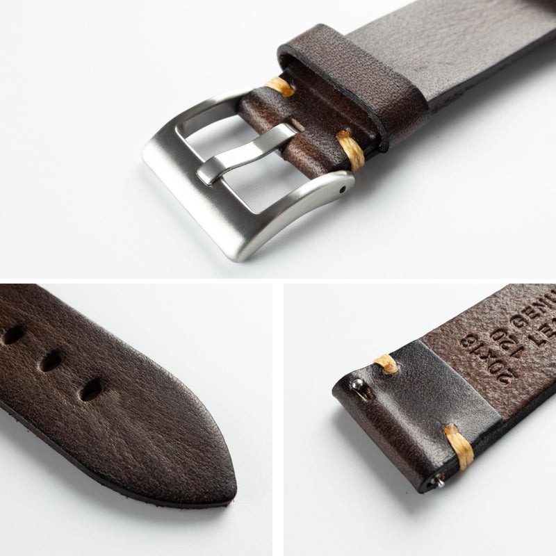 Berfine 20mm Retro Handmade Watch Band, Quick Release Vintage Leather Watch Strap Replacement,Dark Brown - Image 3