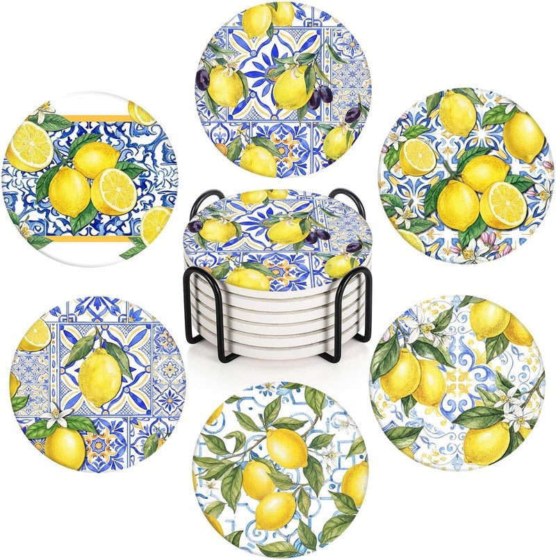 Bribay Coasters for Drinks Set of 6, Yellow Lemon Fruit Blue Ceramic Pattern Absorbent Round Ceramic Stone Mat, with Cork Base and Metal Holder, Gift for Housewarming Room Bar Decor - Image 1