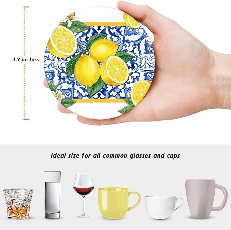 Bribay Coasters for Drinks Set of 6, Yellow Lemon Fruit Blue Ceramic Pattern Absorbent Round Ceramic Stone Mat, with Cork Base and Metal Holder, Gift for Housewarming Room Bar Decor - Image 2