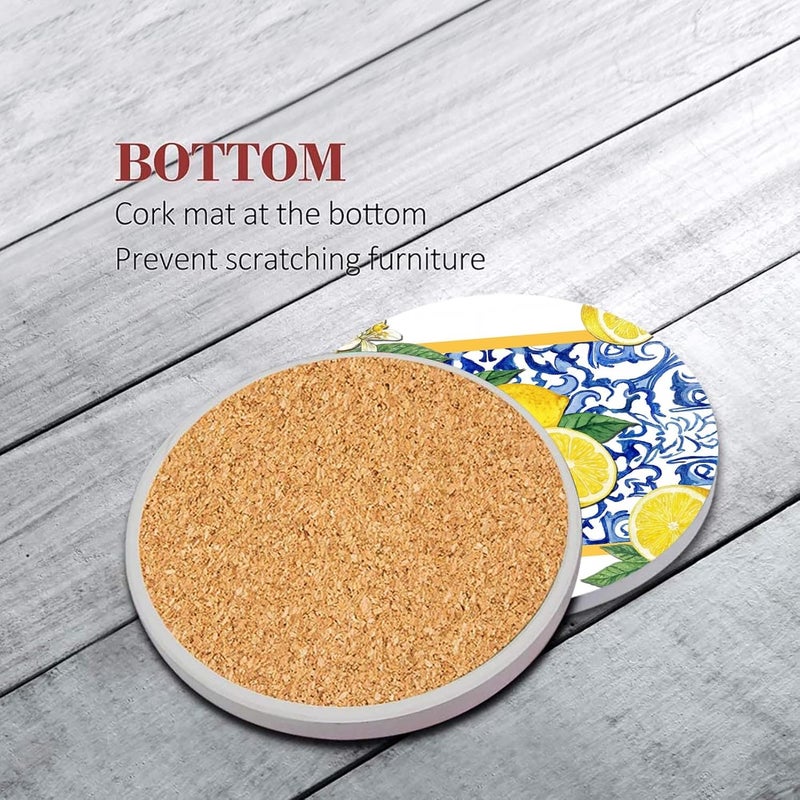 Bribay Coasters for Drinks Set of 6, Yellow Lemon Fruit Blue Ceramic Pattern Absorbent Round Ceramic Stone Mat, with Cork Base and Metal Holder, Gift for Housewarming Room Bar Decor - Image 5