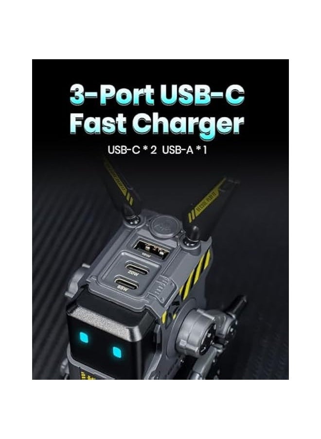 GravaStar 65W USB C Charger, Alpha65 Robot Fast GaN Charger Block, 3-Port Fast Charger, Foldable Wall USB C Charger for iPhone, MacBook, iPad, Galaxy S23/S24, Laptop, Steam Deck (65W, Gray)