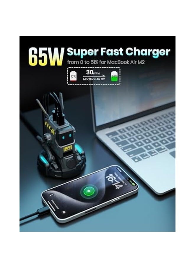 GravaStar 65W USB C Charger, Alpha65 Robot Fast GaN Charger Block, 3-Port Fast Charger, Foldable Wall USB C Charger for iPhone, MacBook, iPad, Galaxy S23/S24, Laptop, Steam Deck (65W, Gray)