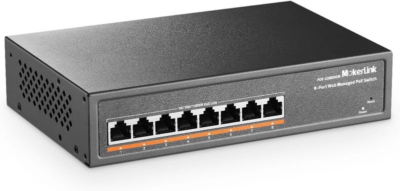 MokerLink محول 8 منافذ PoE جيجابت مُدار، 8 منافذ PoE+ 100/1000 ميجابت/ثانية، IEEE802.3af/at، مزود طاقة 120 واط، إدارة ويب ذكية من المستوى الثاني، محول إيثرنت معدني بدون مروحة - Image 1