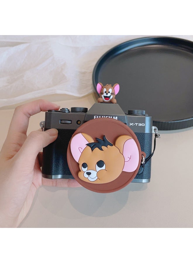 Cartoon Silicone Lens Cover Suitable For Canon 18-45mm Fuji 15-45mm Dustproof Protection Belt Anti-Lost Rope Anti-Fall-Color:Black Cover-strawberry Bear On Top Of Head - Image 3