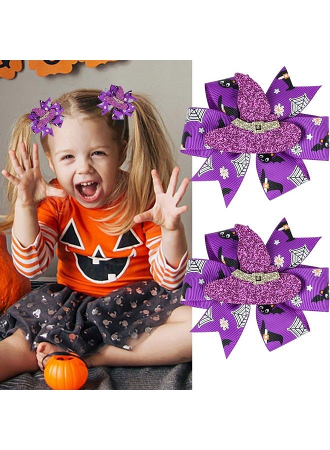 DIUEWOW 2Pcs Halloween Hair Bows Clips For Kids Boys Girls Glitter Witch Hat Bows Clips Hairgrips Hair Barrette Halloween Purple Hair Accessories Headdress For Halloween Cosplay Costume Party Decoration - Image 1