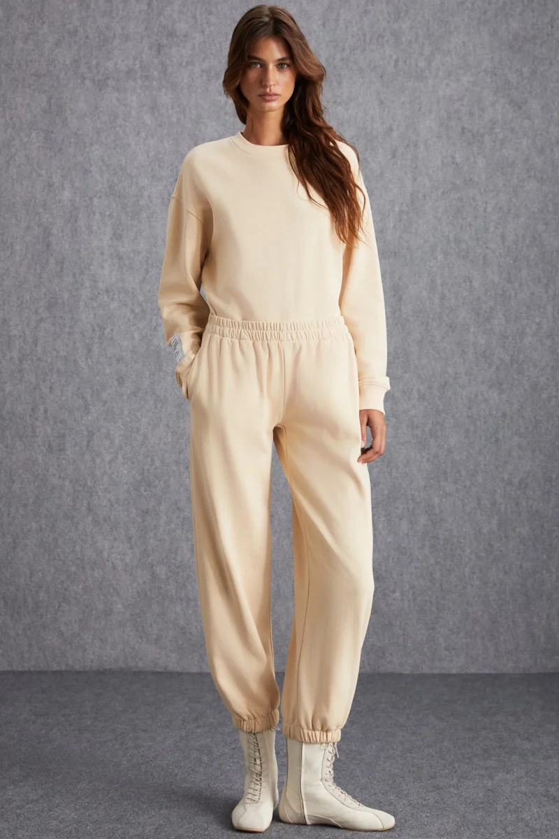 GRIMELANGE Nohely Women's Organic Cotton Inside With Raised Decorative Label Cream Sweatpants