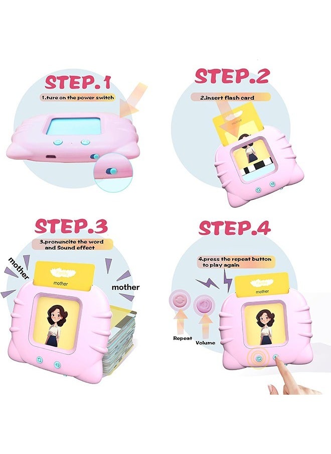 Early Education Smart Card Learning Machine, Talking Flash Cards Learning Toys, Listen And Learn Literacy Fun Early Learning Toy, With 112 PCS Talking Glitter Card With Sound Effects With 224 Visual Words Educational Learn, Pink
