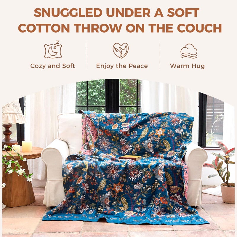 LUTBM Boho Throw Blanket for Bed Cotton Spring Blankets Bedroom Living Room Twin All Season Lightweight Floral Embroidery Quilt for Couch Sofa Chair 60"x80" - Image 4