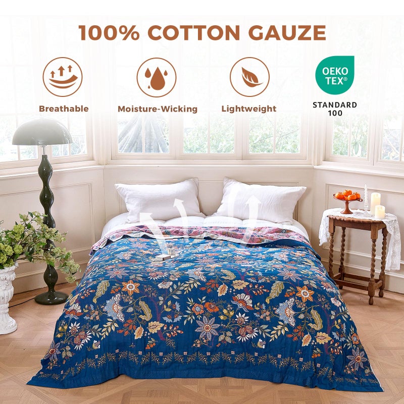 LUTBM Boho Throw Blanket for Bed Cotton Spring Blankets Bedroom Living Room Twin All Season Lightweight Floral Embroidery Quilt for Couch Sofa Chair 60"x80" - Image 2