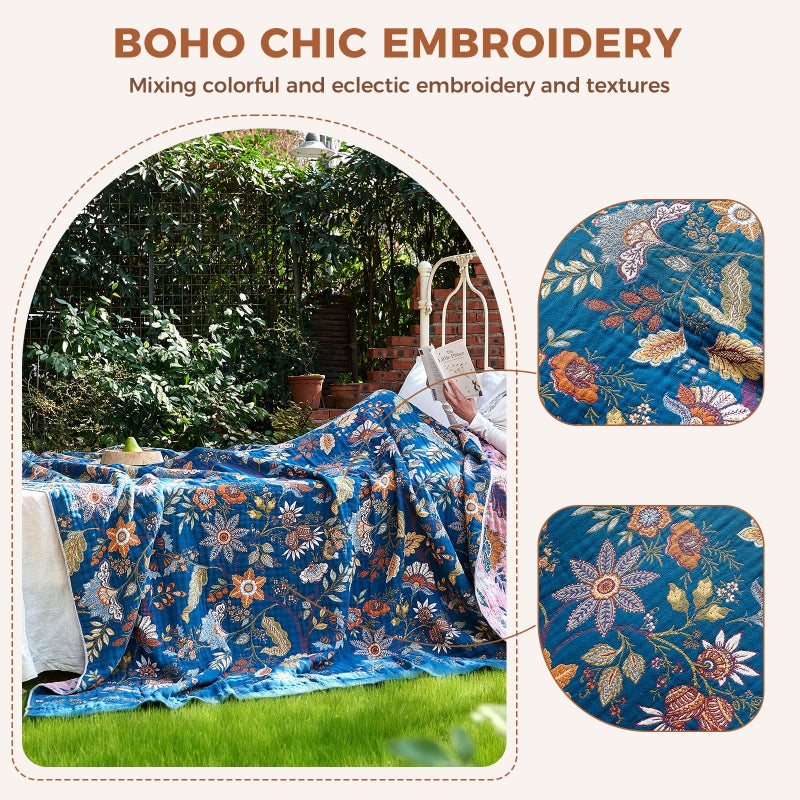 LUTBM Boho Throw Blanket for Bed Cotton Spring Blankets Bedroom Living Room Twin All Season Lightweight Floral Embroidery Quilt for Couch Sofa Chair 60"x80" - Image 3