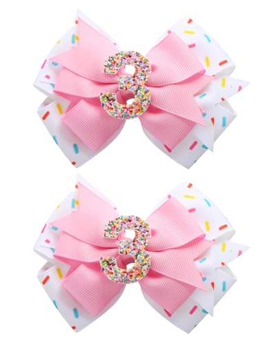 Fancheer 2Pcs Birthday Hair Bow for Baby Girls 2 3 4 5 6 7 Years Sprinkle Decorations Confetti Ice Cream Party Pink Pigtail Hair Accessories for Three 3rd Third Birthday - Image 1