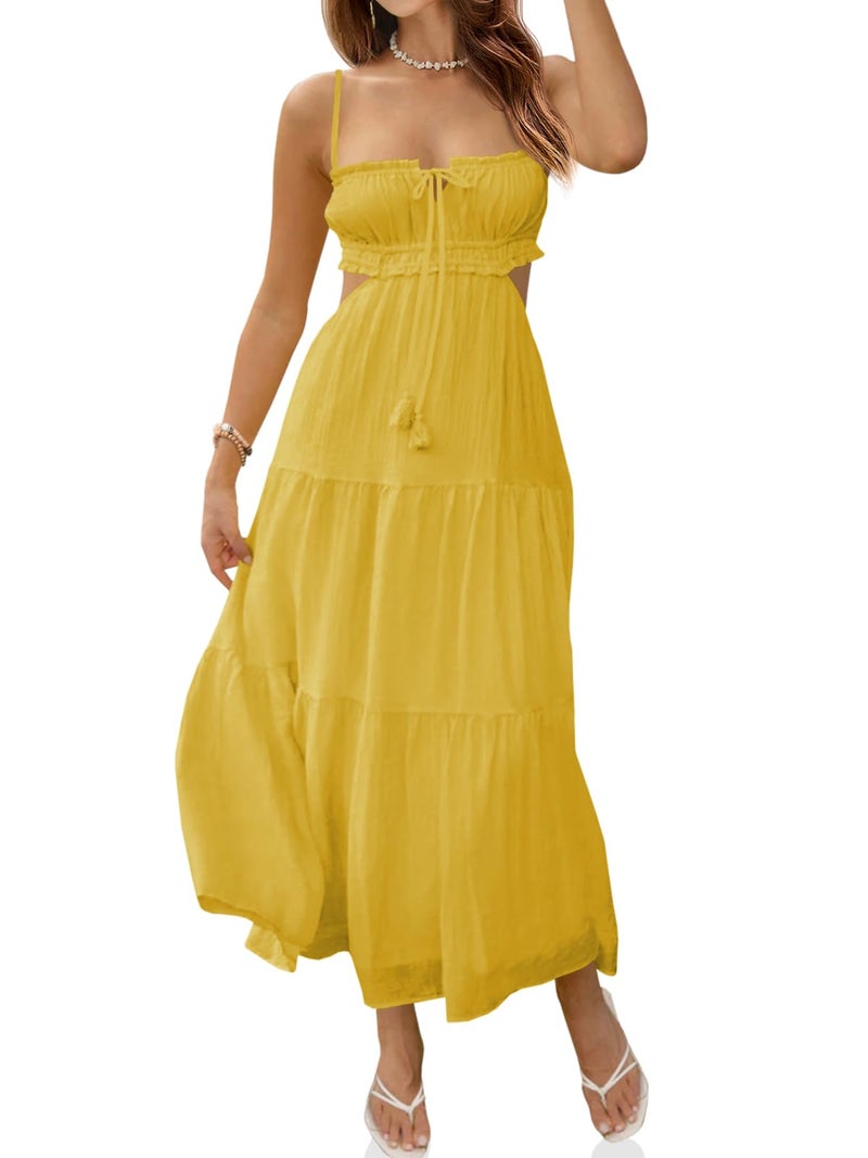 Fisoew Women's Spaghetti Strap Maxi Dress Summer Sleeveless Side Cut Out Dress Casual Boho Backless Flowy Long Dresses Yellow - Image 1