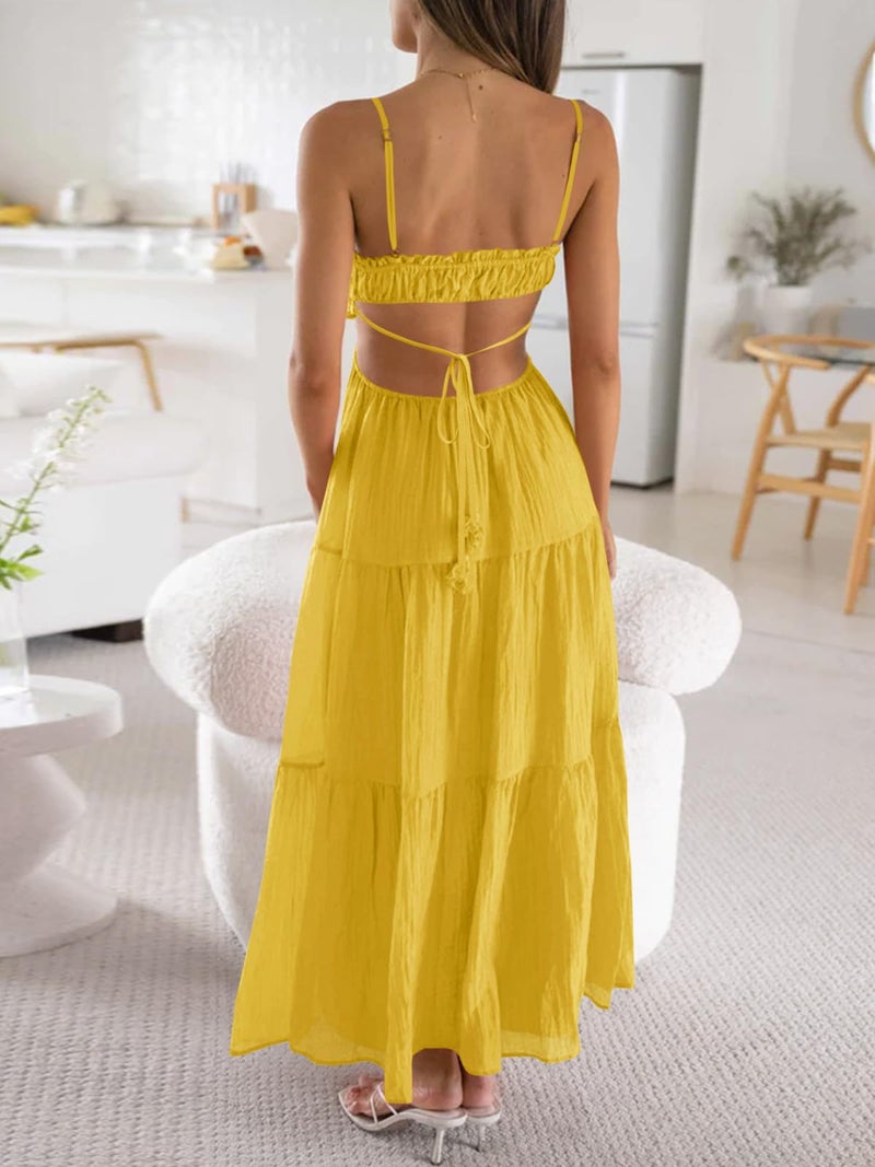 Fisoew Women's Spaghetti Strap Maxi Dress Summer Sleeveless Side Cut Out Dress Casual Boho Backless Flowy Long Dresses Yellow - Image 2