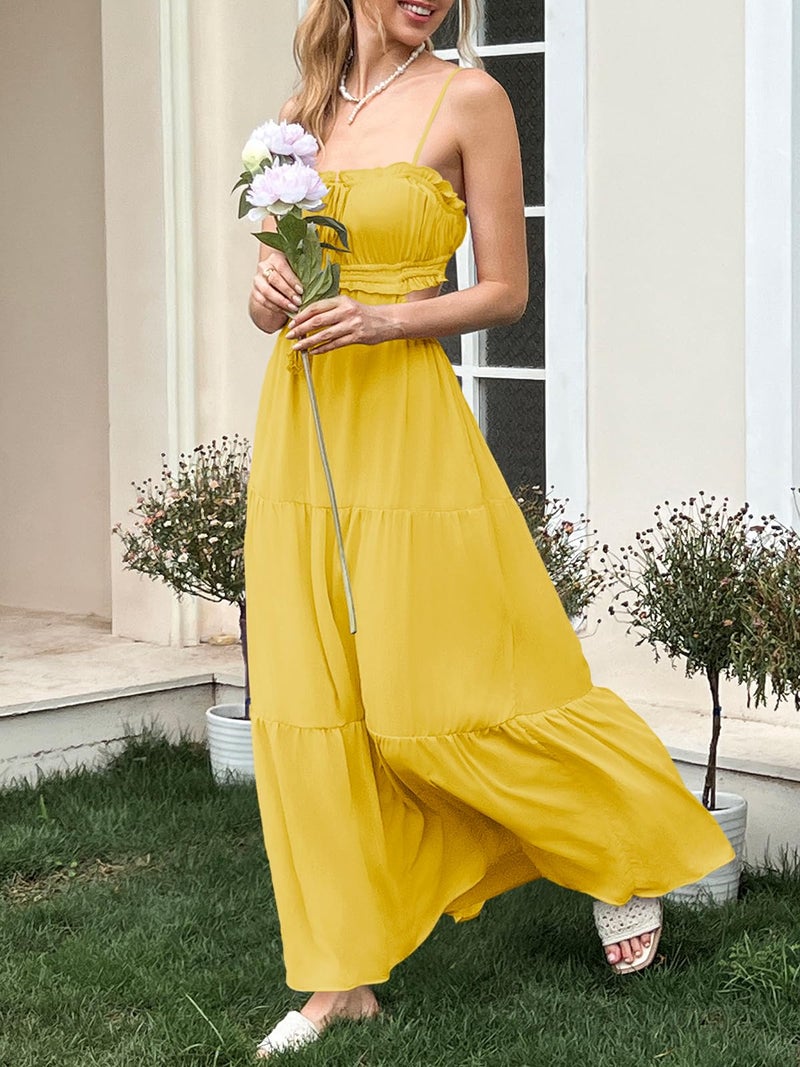 Fisoew Women's Spaghetti Strap Maxi Dress Summer Sleeveless Side Cut Out Dress Casual Boho Backless Flowy Long Dresses Yellow - Image 4
