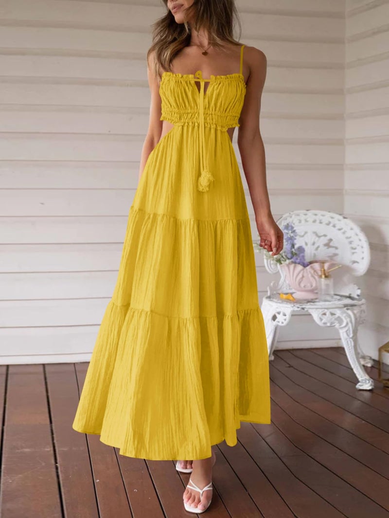 Fisoew Women's Spaghetti Strap Maxi Dress Summer Sleeveless Side Cut Out Dress Casual Boho Backless Flowy Long Dresses Yellow - Image 3