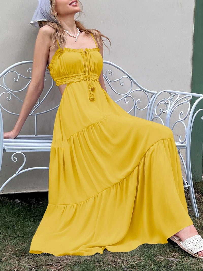 Fisoew Women's Spaghetti Strap Maxi Dress Summer Sleeveless Side Cut Out Dress Casual Boho Backless Flowy Long Dresses Yellow - Image 5