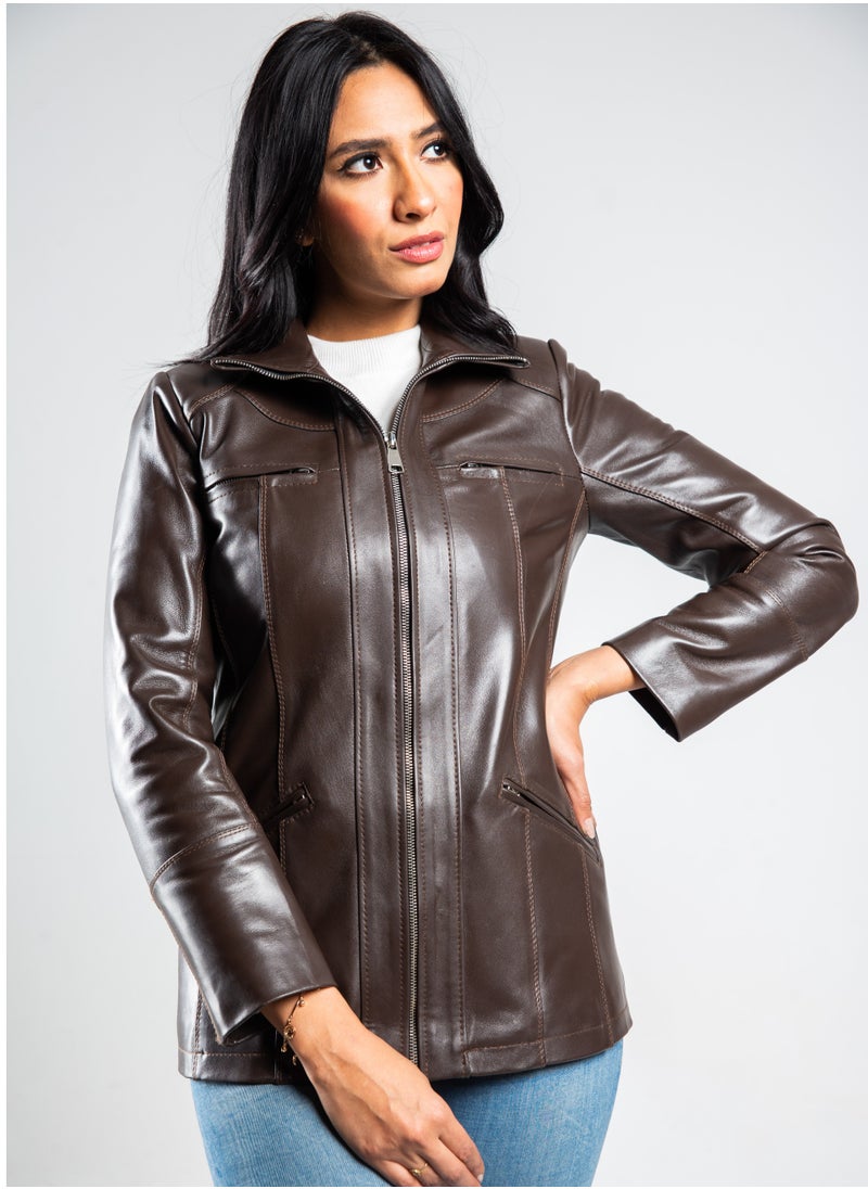 Generic - Elegant genuine leather jacket, excellent closure, high quality material, brown color - Image 1