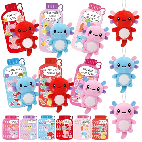 Motionchic Axolotl Valentines Day Gifts 24 Pack Axolotl Plush Keychains with Valentines Gifts Cards Cute Plush Keychains for Friends Exchange Party Favors - Image 1