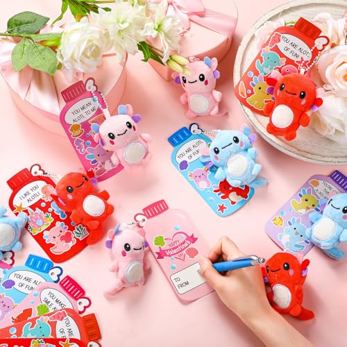 Motionchic Axolotl Valentines Day Gifts 24 Pack Axolotl Plush Keychains with Valentines Gifts Cards Cute Plush Keychains for Friends Exchange Party Favors - Image 5