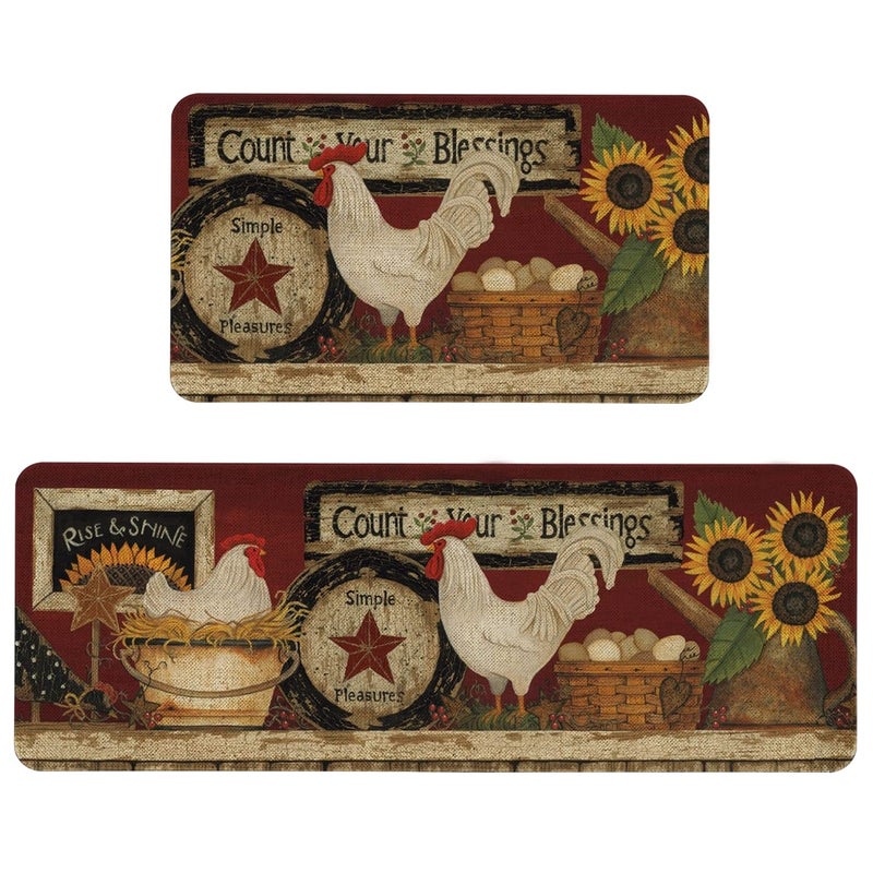 Roszwtit Farmhouse Kitchen Rugs and Mats Set of 2, Farm Rooster Kitchen Mat, Seasonal Holiday Cooking Sets Washable Non-Slip Floor Mats for Home Kitchen Decor - 17x29 and 17x47 Inch - Image 1