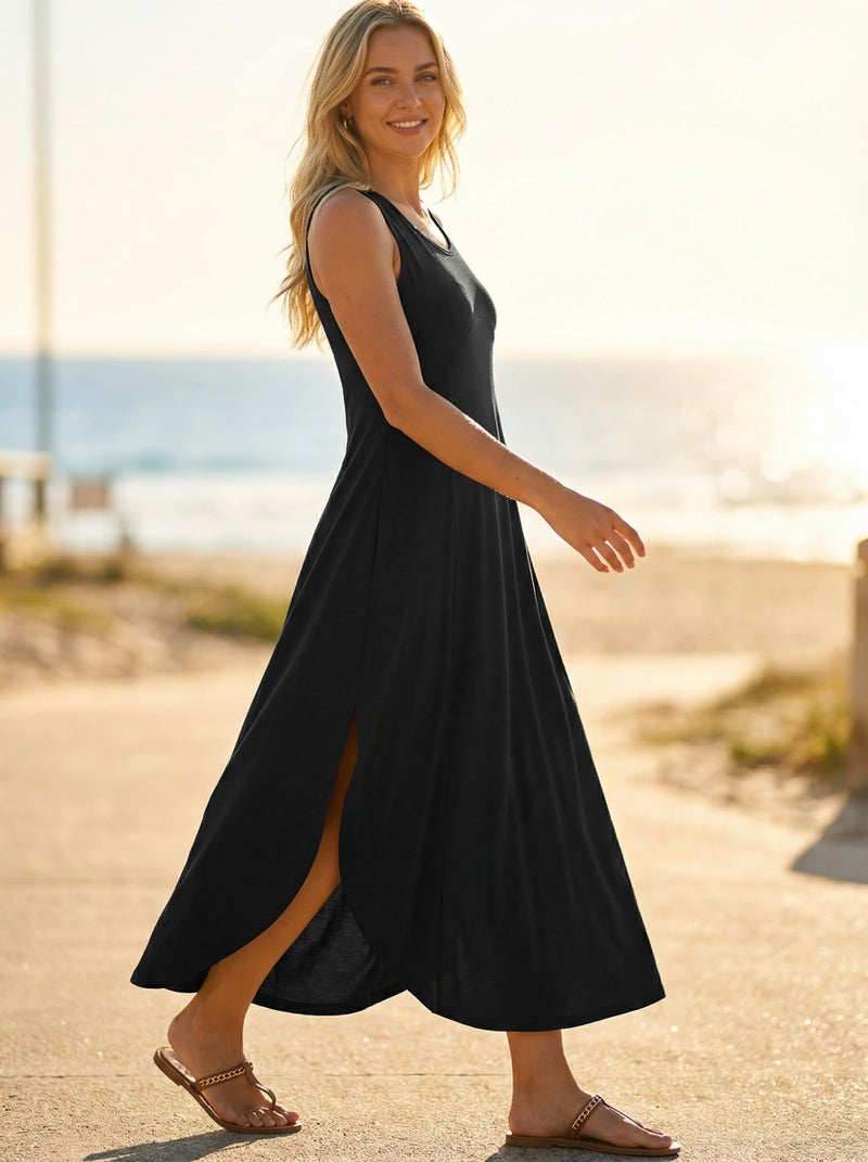 ZAFUL Sundresses for Women Over 50 Women Summer Dresses Deep Crew Neck Casual Loose Split Long Maxi Dress Black L - Image 3