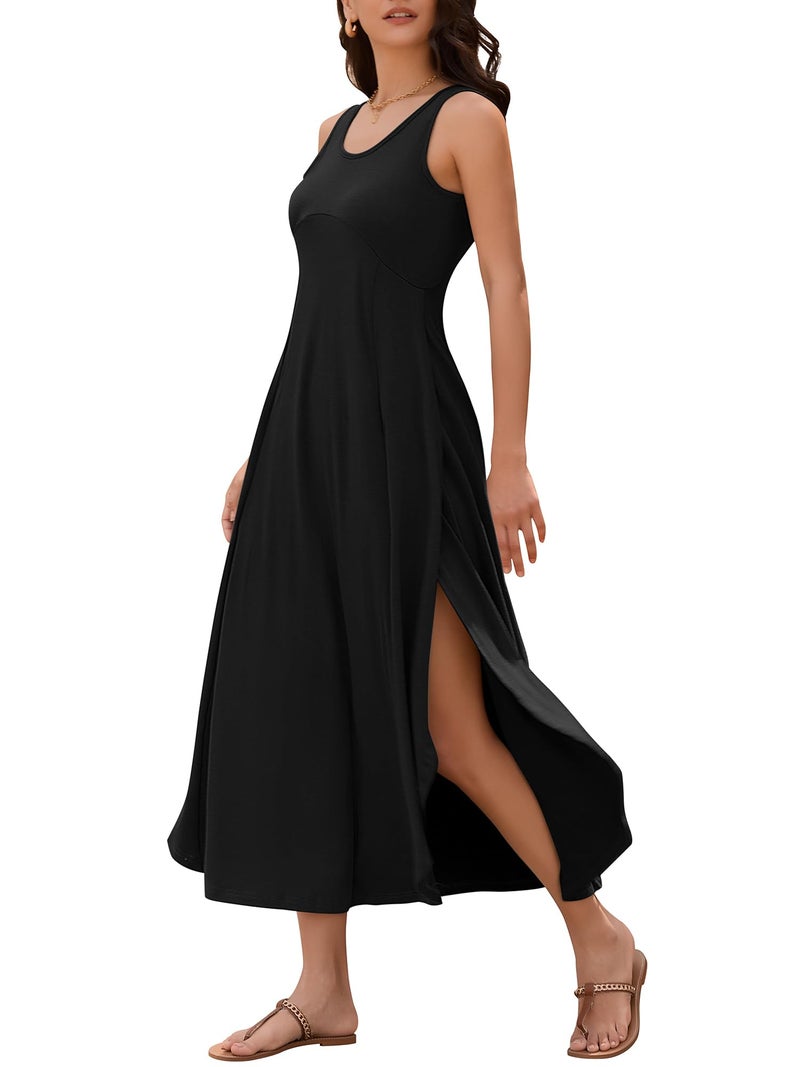 ZAFUL Sundresses for Women Over 50 Women Summer Dresses Deep Crew Neck Casual Loose Split Long Maxi Dress Black L - Image 1