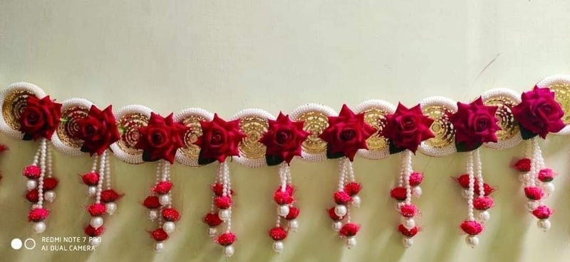 Prime hub Handcrafted Floral and Pearl Toran Bandarwar Door Hanging Toran for Diwali red and White