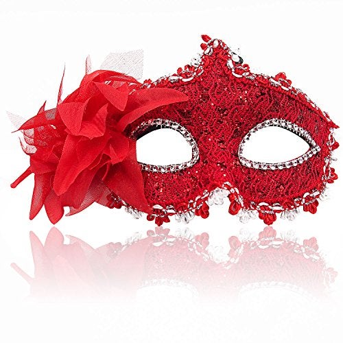 Cosmer Masquerade Mask for Women Venetian Masks Christmas Women Flower Half-face Masks Eye mask Cosplay Lace mask (Red) - Image 2