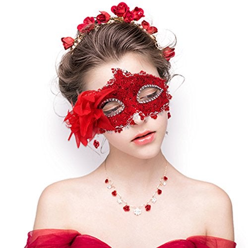 Cosmer Masquerade Mask for Women Venetian Masks Christmas Women Flower Half-face Masks Eye mask Cosplay Lace mask (Red) - Image 1
