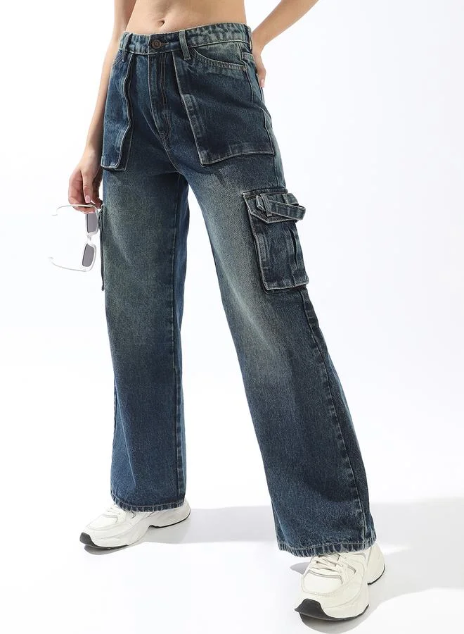 Hubberholme  Women's Blue 100% Cotton Textured Full Wide Leg Jeans for Women | Best Price UAE
